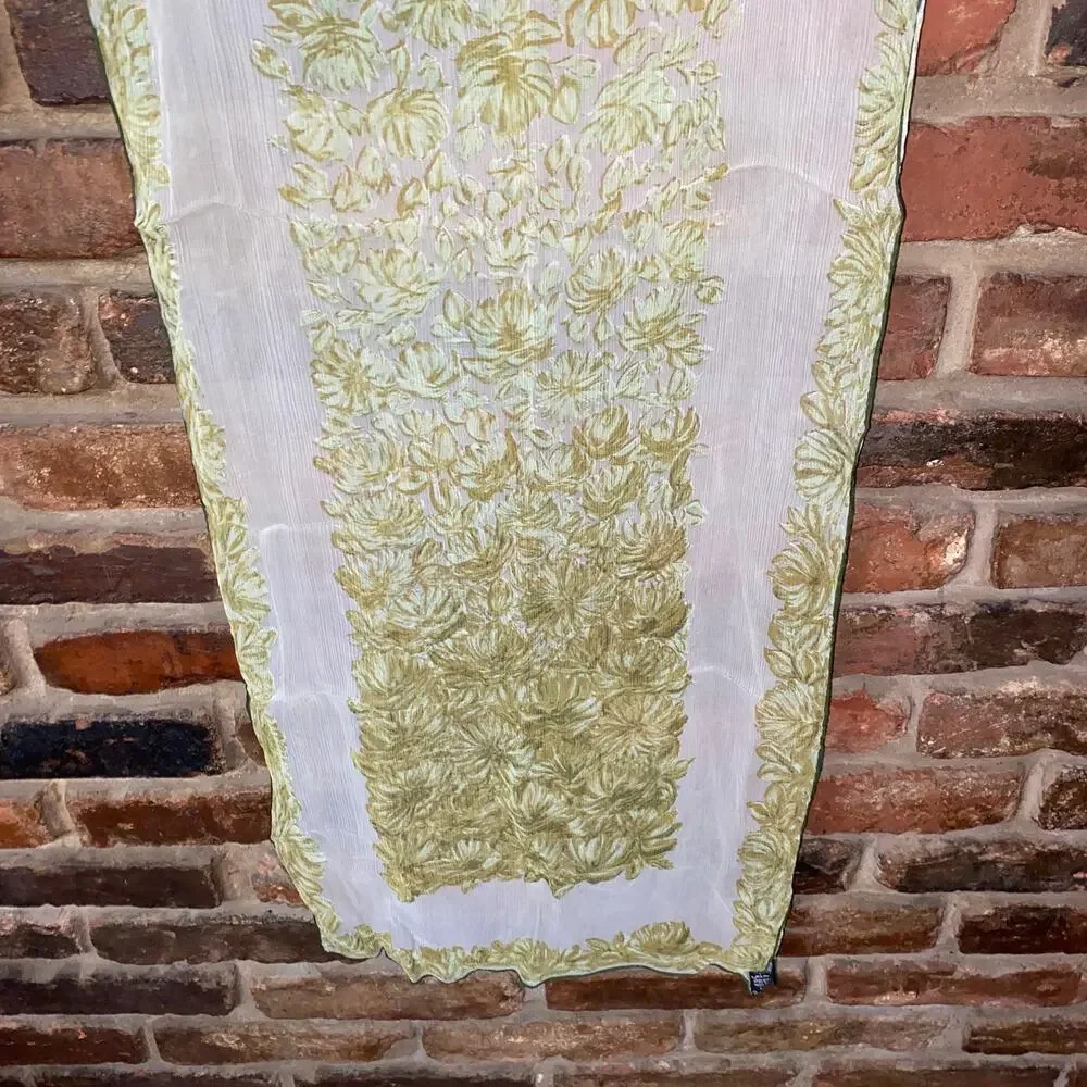 Cravenette Vintage 100% Silk Water Repellent White Green Floral Rectangle Scarf